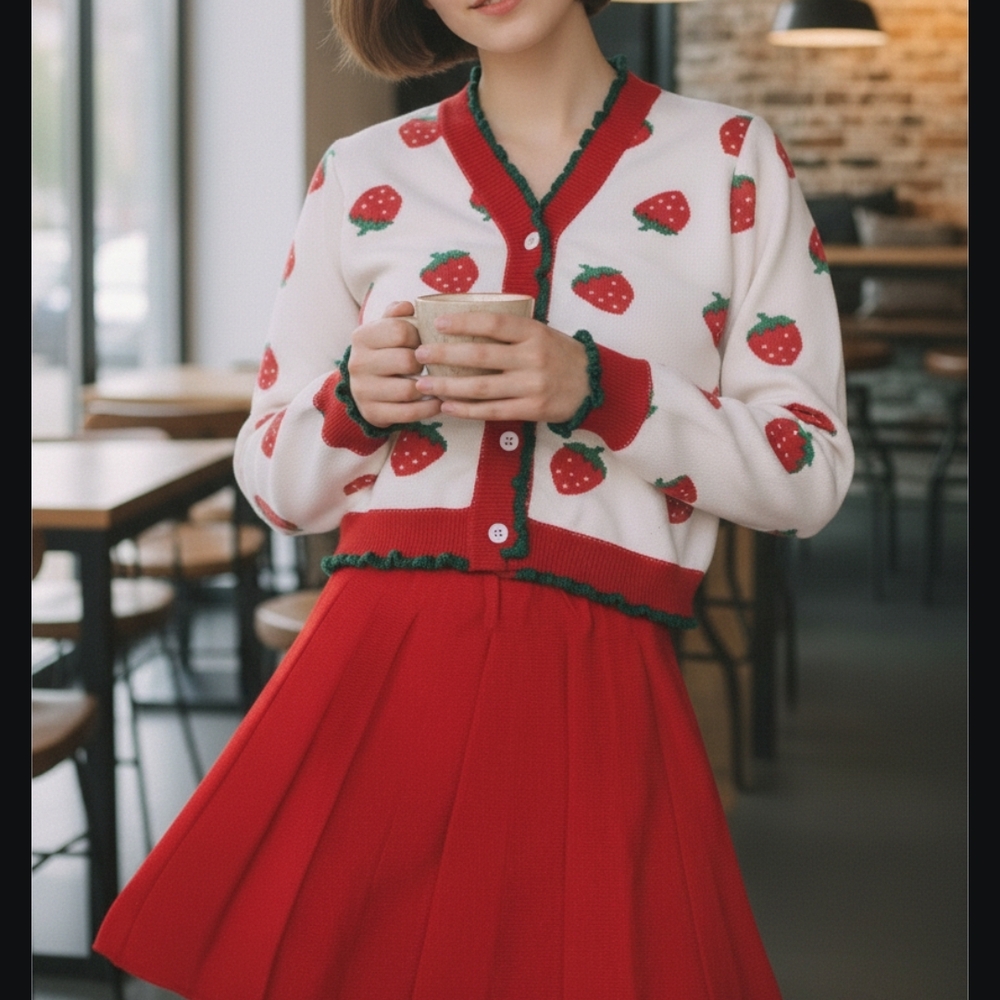 Super cute Strawberry Print Cardigan and Red Skirt Set. Girls Size 7.🍓💚